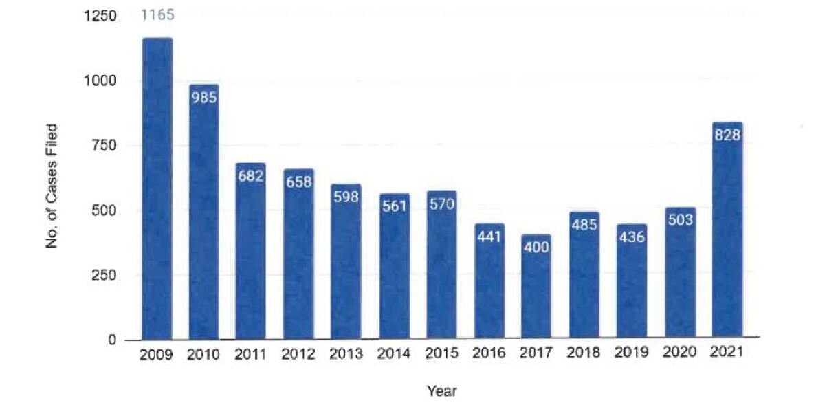 Bar graph of cases filed per year. 