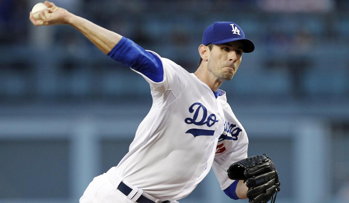 Dodgers starting pitcher Brandon McCarthy delivers a pitch during a game against the Padres on April 8, 2015.