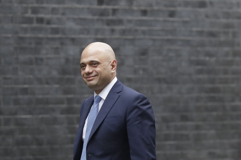 British lawmaker Sajid Javid, chancellor of the exchequer, in London on Thursday.