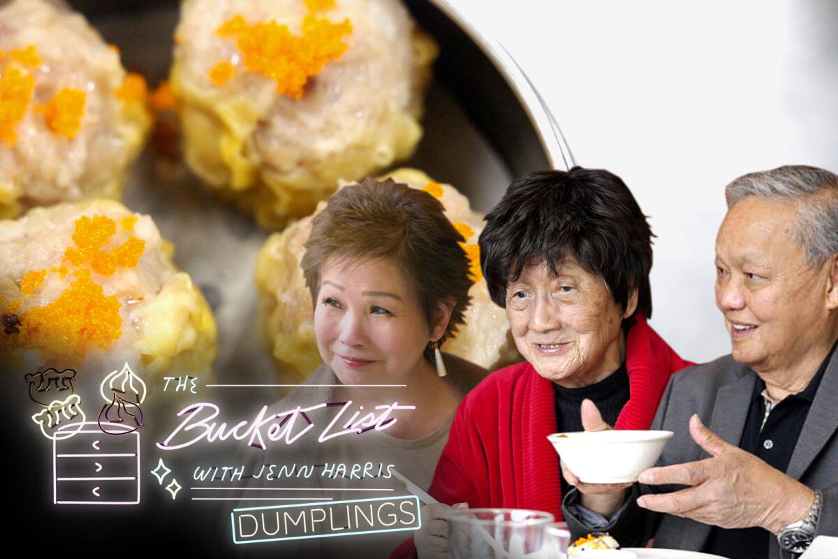 Two women and a man in the foreground; in the background is an image of dumplings.