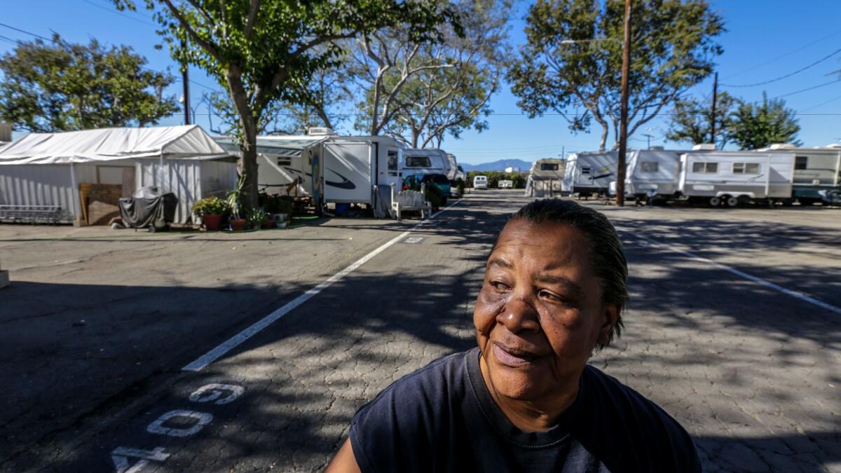 In this file photo from 2015, Ellen McKeever-Jacobs, 58, is a longtime resident of the trailer park at the Los Angeles County fairgrounds.
