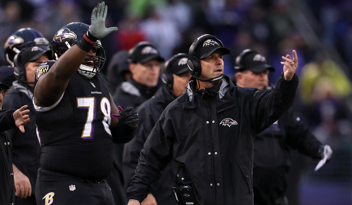 Baltimore Ravens Coach John Harbaugh reacts from the sidelines in the fourth quarter against the Philadelphia Eagles on Sunday.