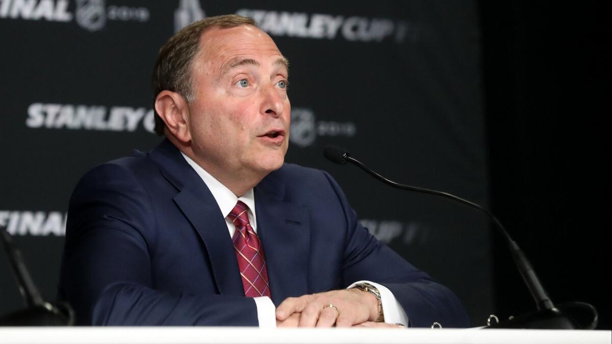 NHL Commissioner Gary Bettman speaks during a news conference in Boston prior to Game 1 of the Stanley Cup Final on May 27.