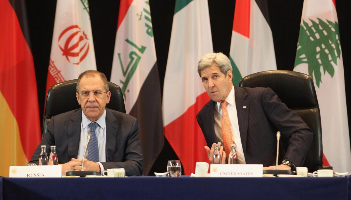 Russian Foreign Minister Sergei Lavrov and U.S. Secretary of State John F. Kerry meet with other members of the so-called International Syria Support Group on Thursday.