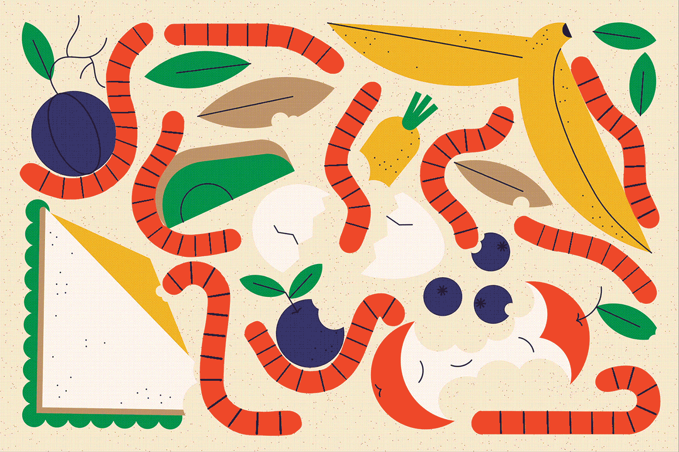 An animated drawing of worms nibbling on avocados, bread, eggs and carrots