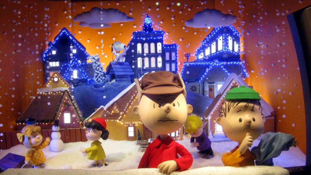 The Peanuts gang takes center stage in a window at Macy's in New York.