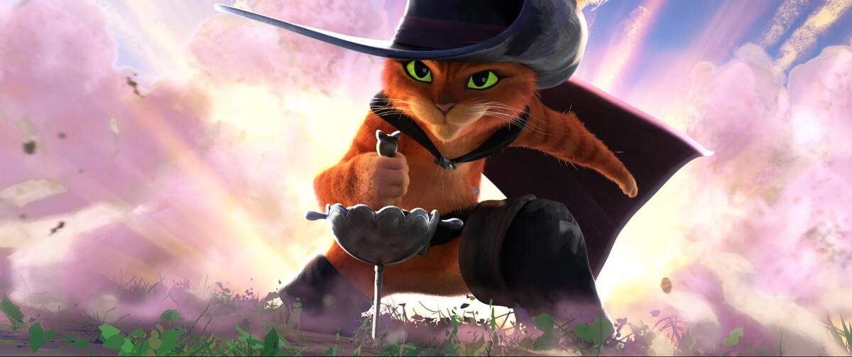 An image of a cat with a sword and hat in the movie "Puss in Boots: The Last Wish.”