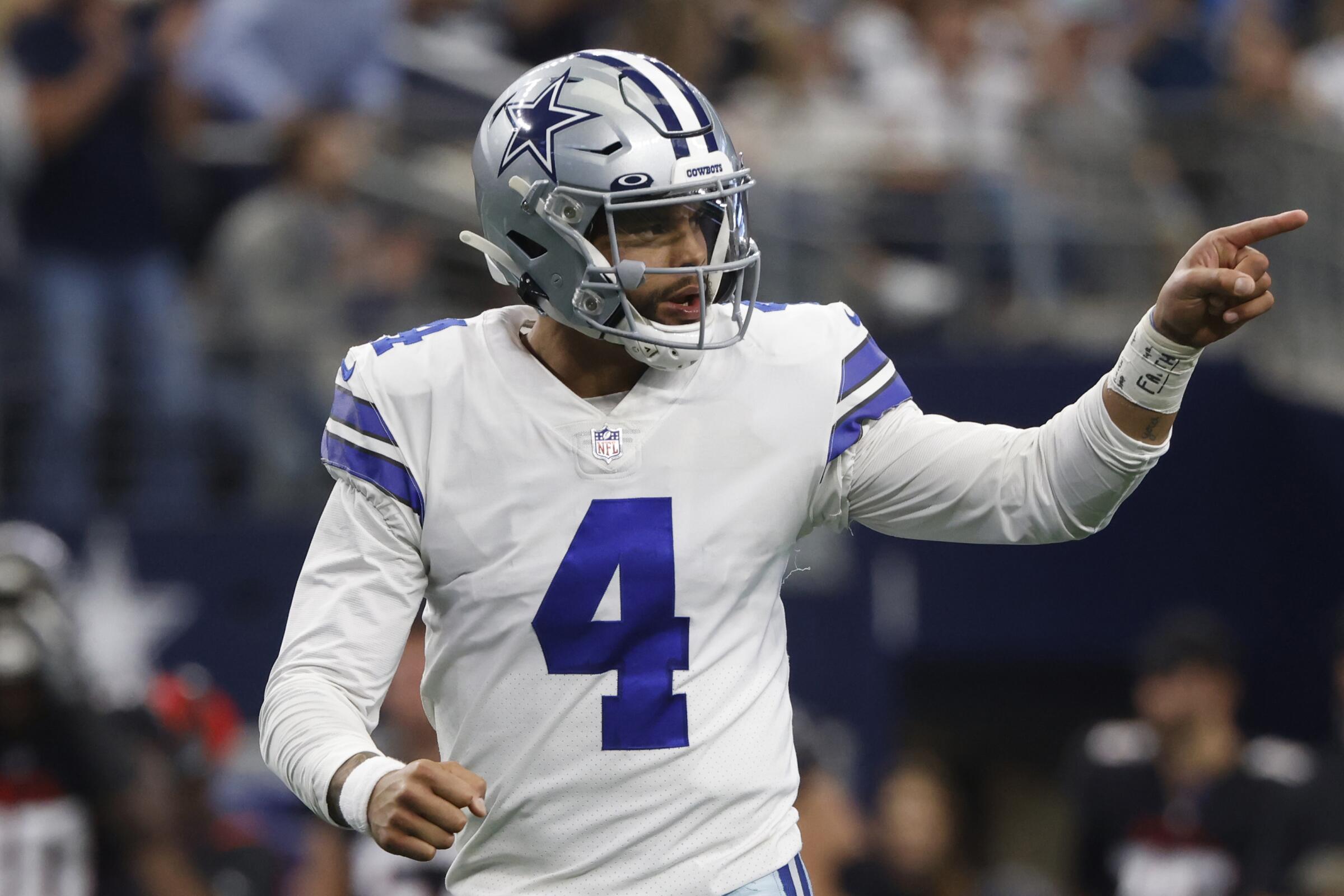 Dallas Cowboys quarterback Dak Prescott reacts after a touchdown against the Atlanta Falcons.