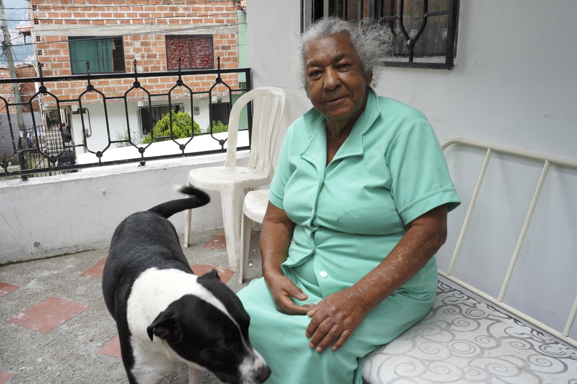 A woman and her dog sit outside.