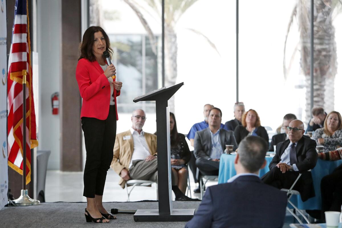 California Assemblywoman Cottie Petrie-Norris (D-Laguna Beach) speaks Friday during the State of the County event at Pacific City in Huntington Beach.