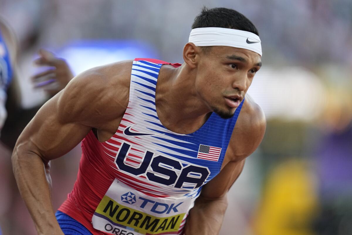 United States' Michael Norman competes in the men's 4x400-meter relay final at the World Athletics Championships.