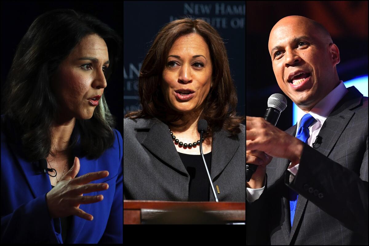 Presidential candidates Tulsi Gabbard, Kamala Harris and Cory Booker