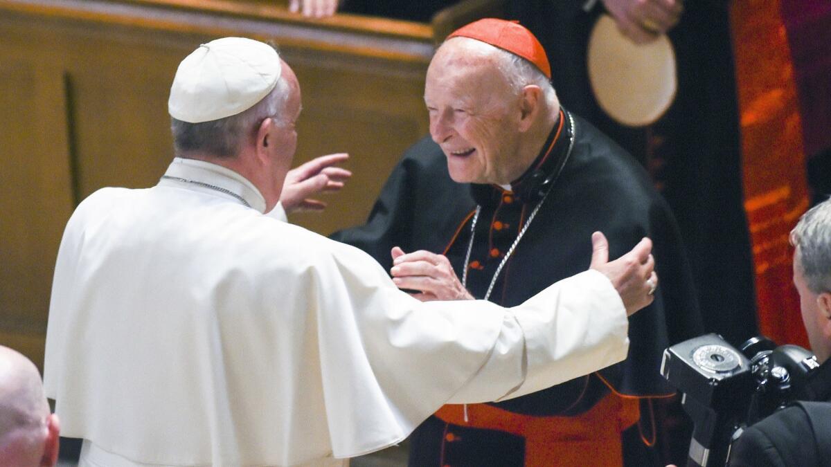Theodore McCarrick is embraced by Pope Francis in September 2015 in Washington. The New Jersey list of those credibly accused of sexually abusing children includes McCarrick, a former Newark and Washington archbishop who was removed from public ministry in June.