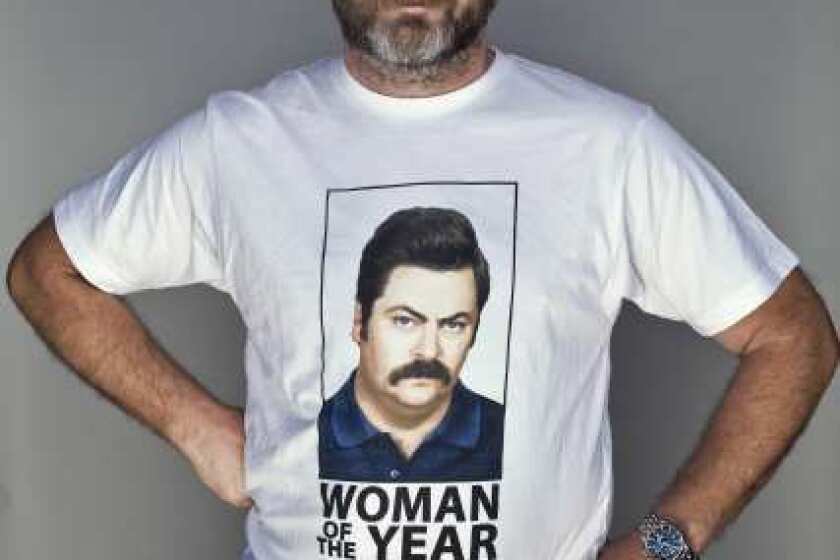 Nick Offerman, who plays Ron Swanson on "Parks and Recreation," wears a shirt bearing his character's portrait.