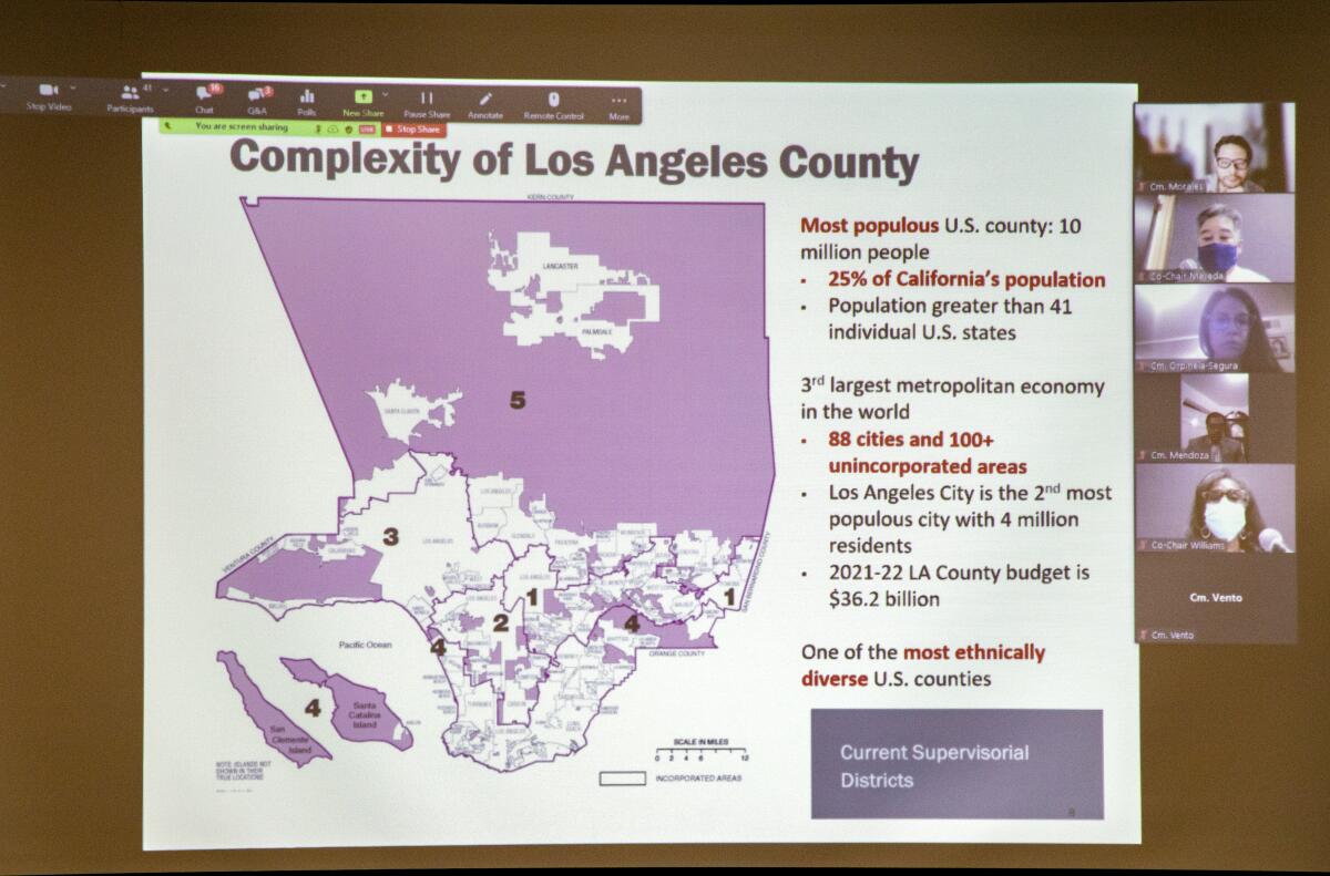 A map is shown during an L.A. County redistricting meeting at Clifton M. Brakensiek Library in Bellflower on Sept. 29, 2021. 