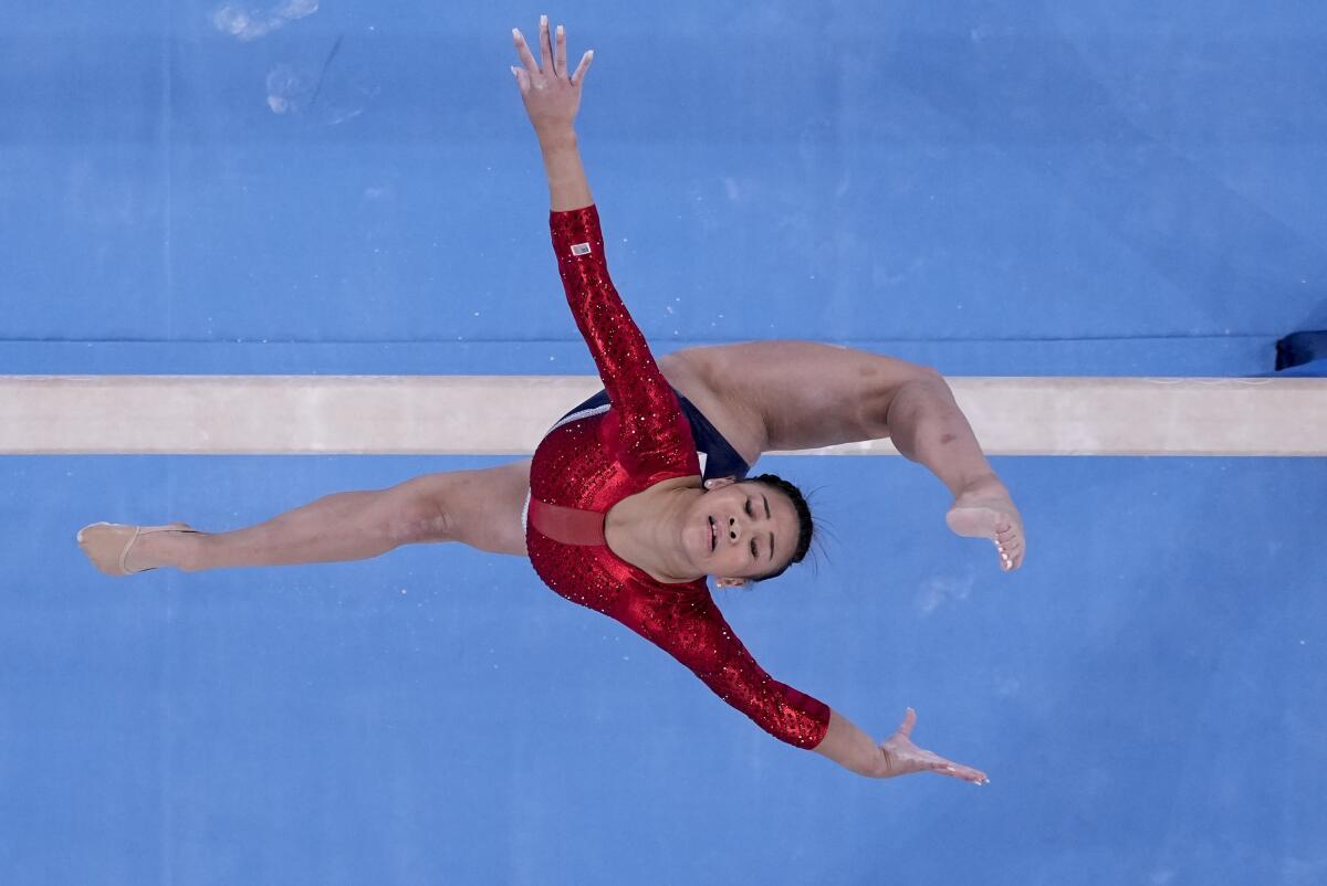 U.S. gymnast Sunisa Lee performs on the balance beam during the gymnastics team final on Tuesday.