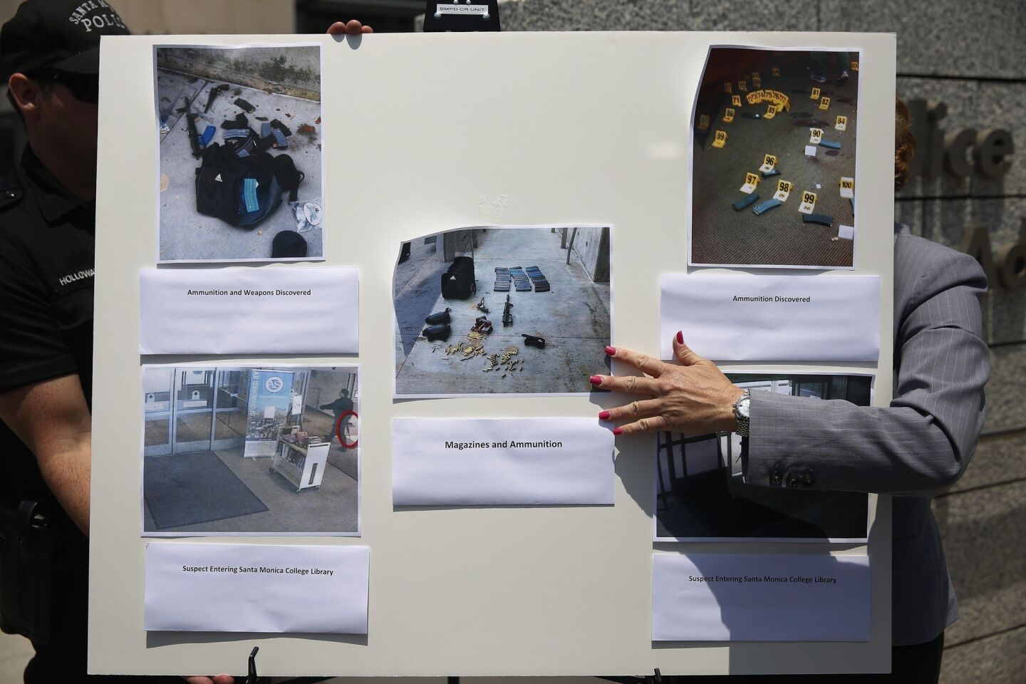 Surveillance and evidence photos were displayed in front of Santa Monica police headquarters.