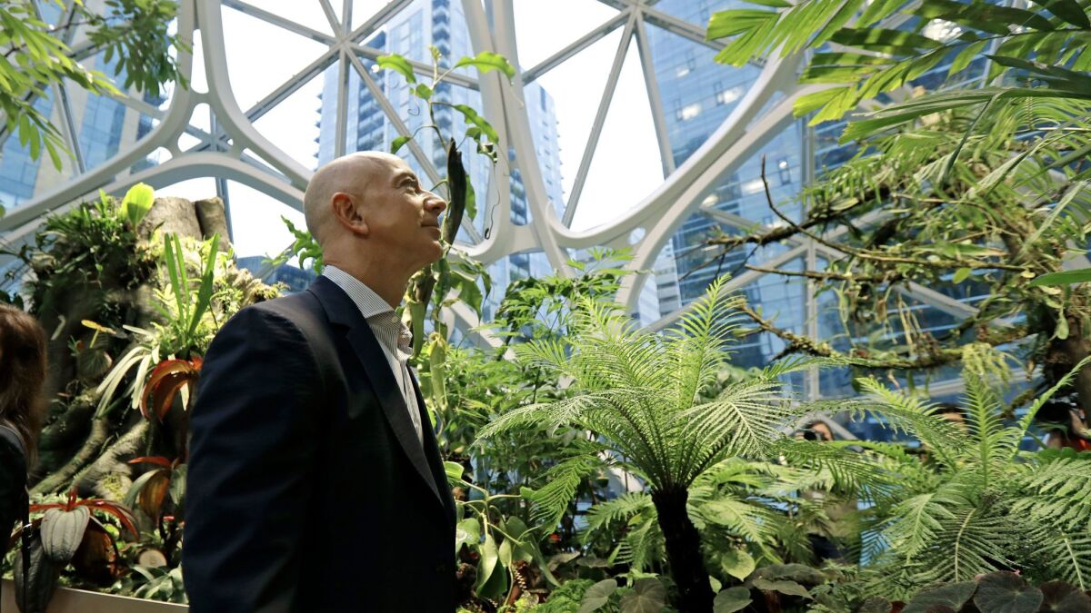 Amazon Chief Executive Jeff Bezos walks through Amazon Spheres, three plant-filed geodesic domes that serve as a work and gathering place for Amazon employees in Seattle.