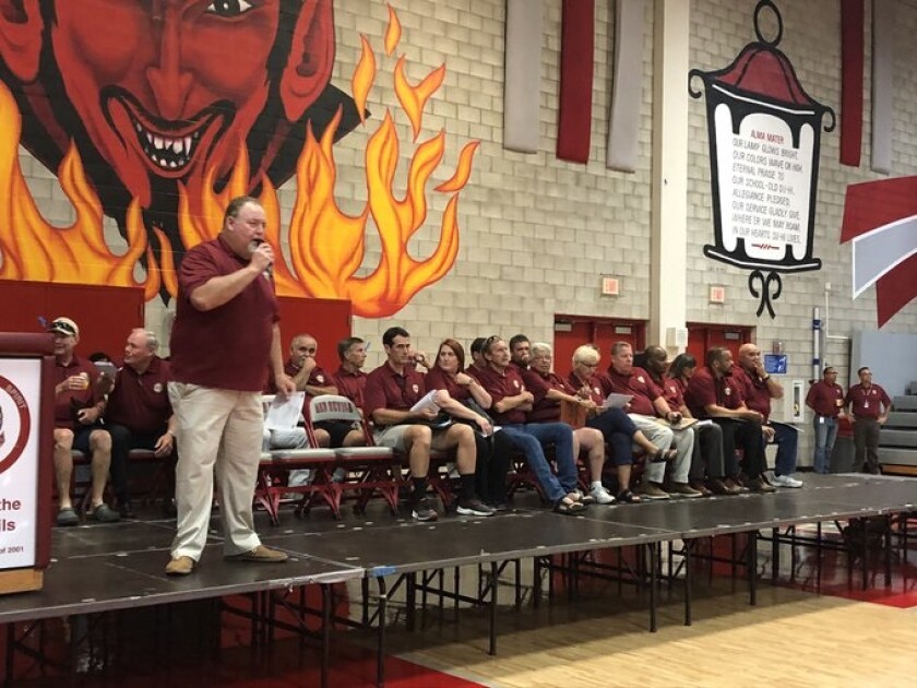 Joe Heinz, coordinator of athletics in the Sweetwater school district, addresses a meeting at Sweetwater High. Heinz has been selected commissioner of the San Diego Section.