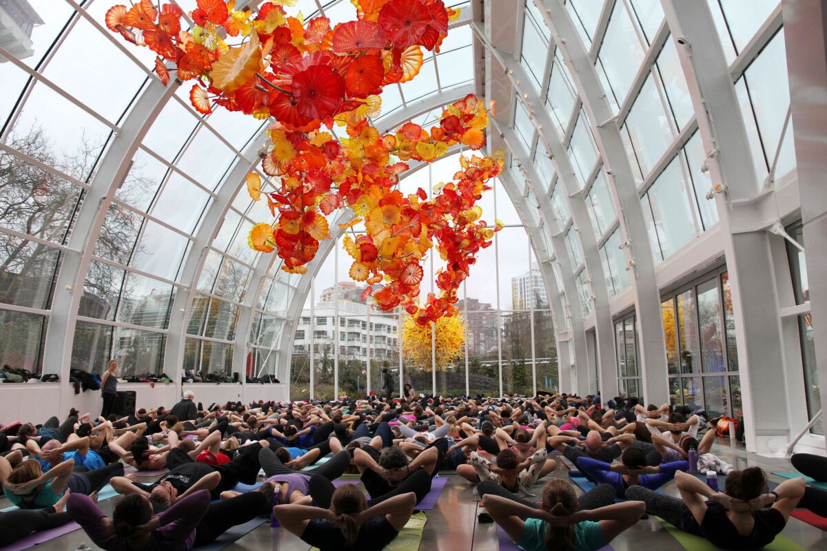 Yoga in the Glasshouse at Chihuly Garden and Glass.