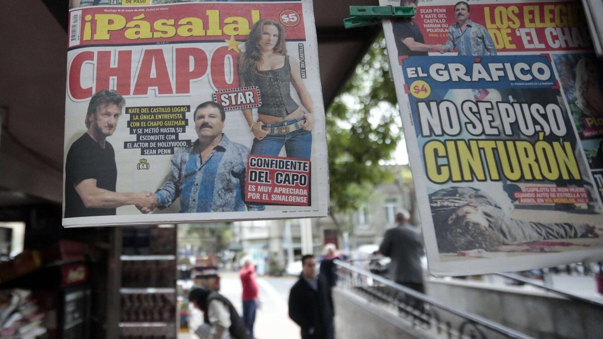 Mexican tabloids cover the story of the meeting between El Chapo and Sean Penn and Kate del Castillo in 2016.