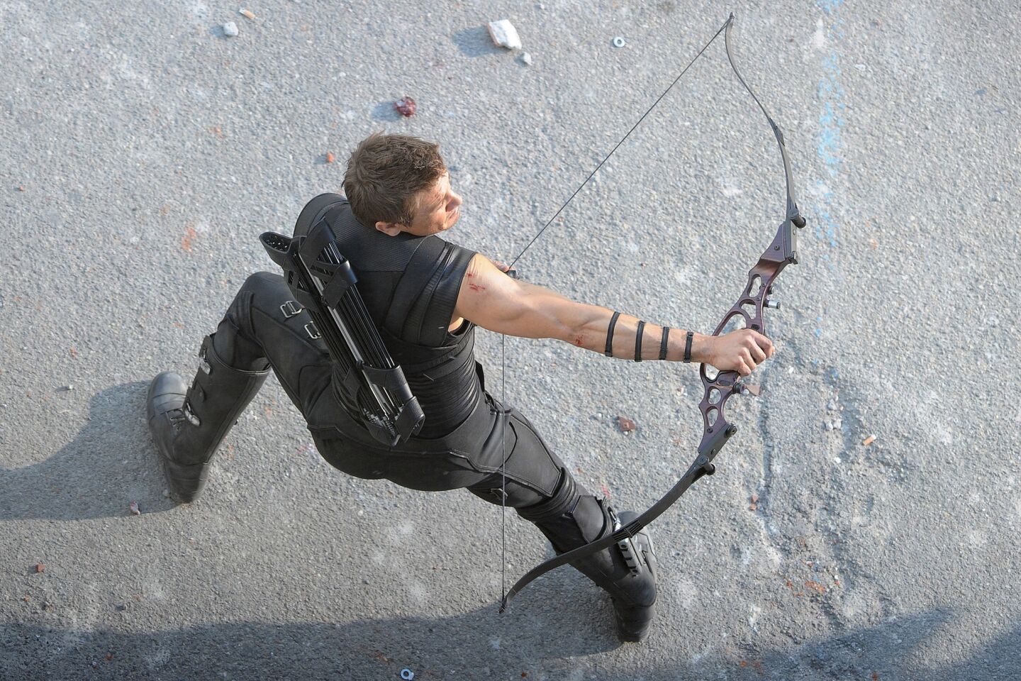 Jeremy Renner films an action scene in Aoasta, Italy, for "Avengers: Age of Ultron.".