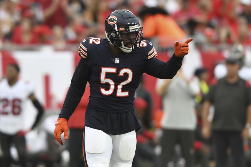 FILE - Chicago Bears outside linebacker Khalil Mack (52) during the first half of an NFL football game.