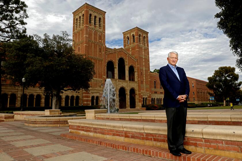 LOS ANGELES, CA - JULY 31: Gene Block , 74, the current and 6th chancellor of the University of California, Los Angeles (UCLA) since August 2007, shown with Royce Hall in the background on the campus of UCLA on Monday, July 31, 2023 in Los Angeles, CA. (Gary Coronado / Los Angeles Times)