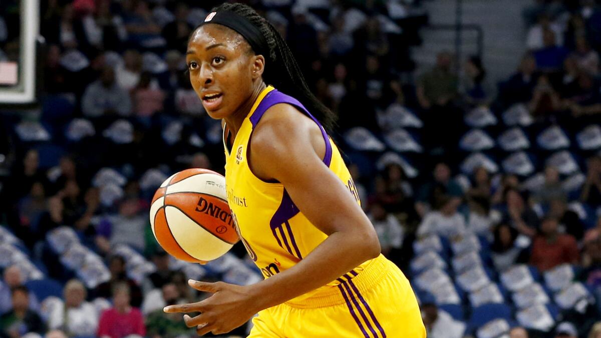 The Sparks' Nneka Ogwumike brings the ball upcourt against the Lynx in Game 2 of the WNBA Finals.