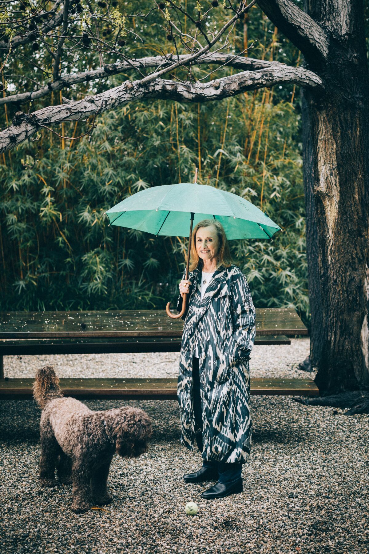 A woman stands outdoors, under a bright green umbrella, with a large brown dog.
