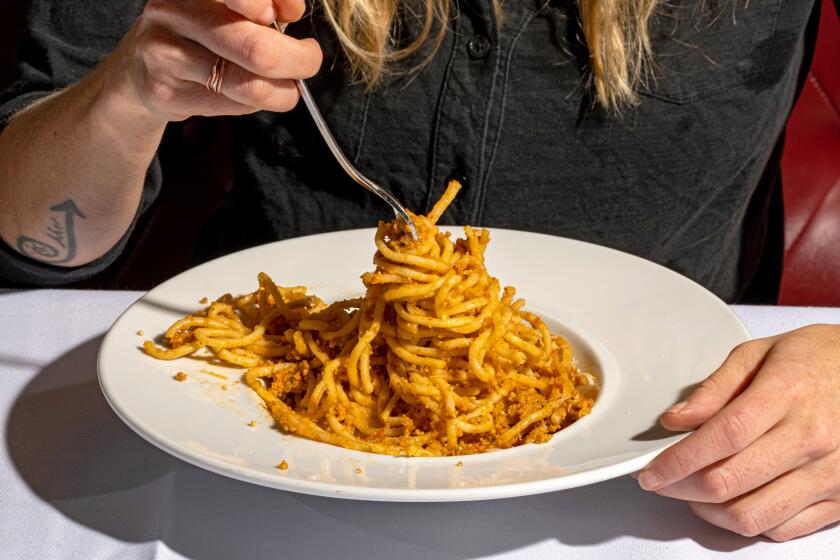 LOS ANGELES, CA - OCTOBER 3, 2022: Spaghetti Con Nduja noodle twirl in a booth at Crossroads Kitchen in Los Angeles. (Ron De Angelis / For The Times)