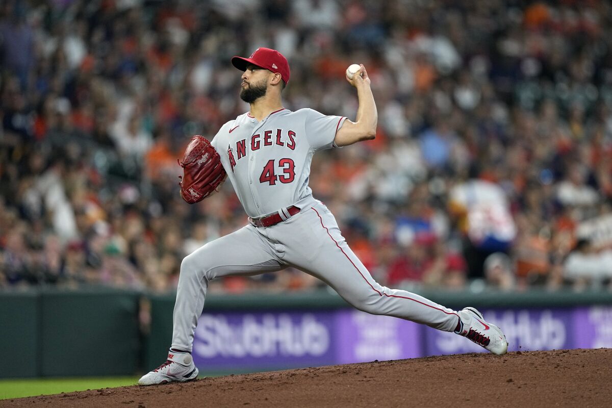 Angels starter Patrick Sandoval pitches against the Houston Astros during the first inning July 2, 2022.
