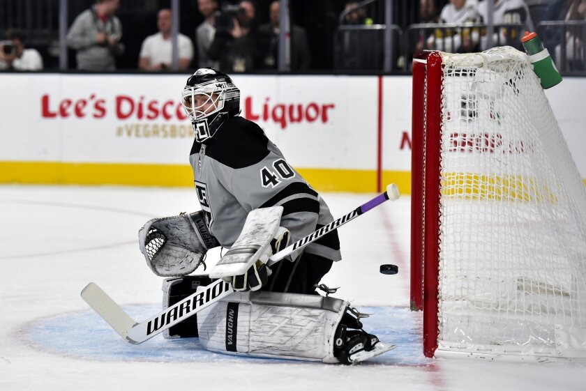 Kings goalie Cal Petersen defends during a game.