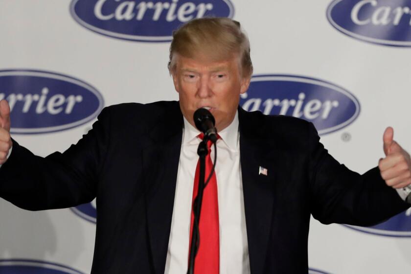 President-elect Donald Trump speaks at Carrier Corp Thursday, Dec. 1, 2016, in Indianapolis. (AP Photo/Darron Cummings)