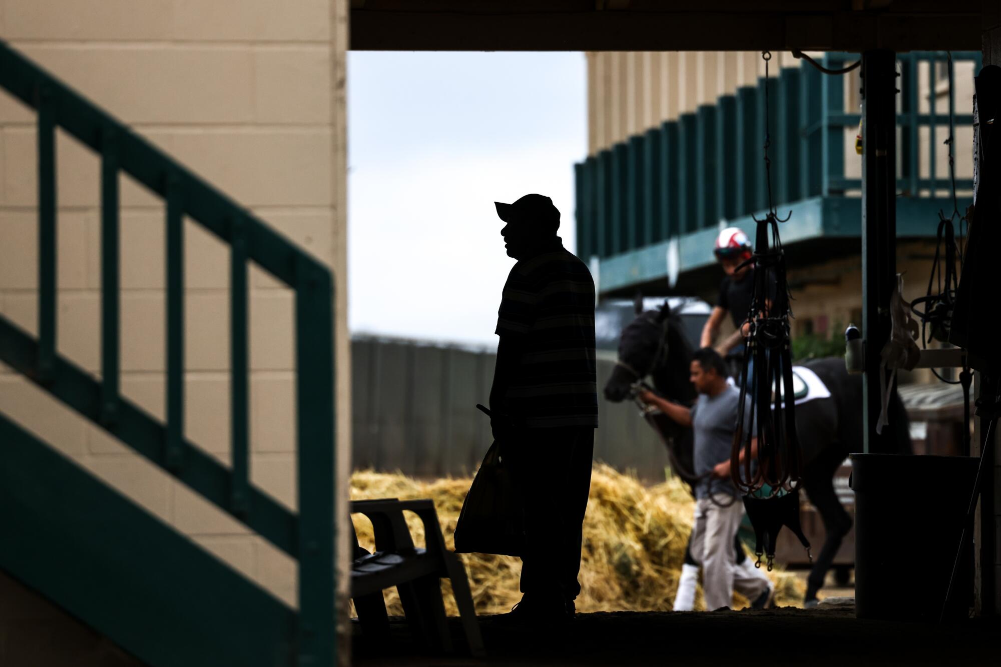 A person is seen silhouetted on the backstretch of the Del Mar Racetrack on Aug. 10.