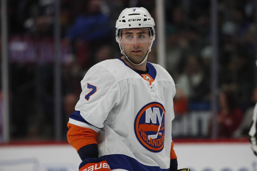 New York Islanders right wing Jordan Eberle (7) in the second period of an NHL hockey game Wednesday, Feb. 19, 2020, in Denver. (AP Photo/David Zalubowski)