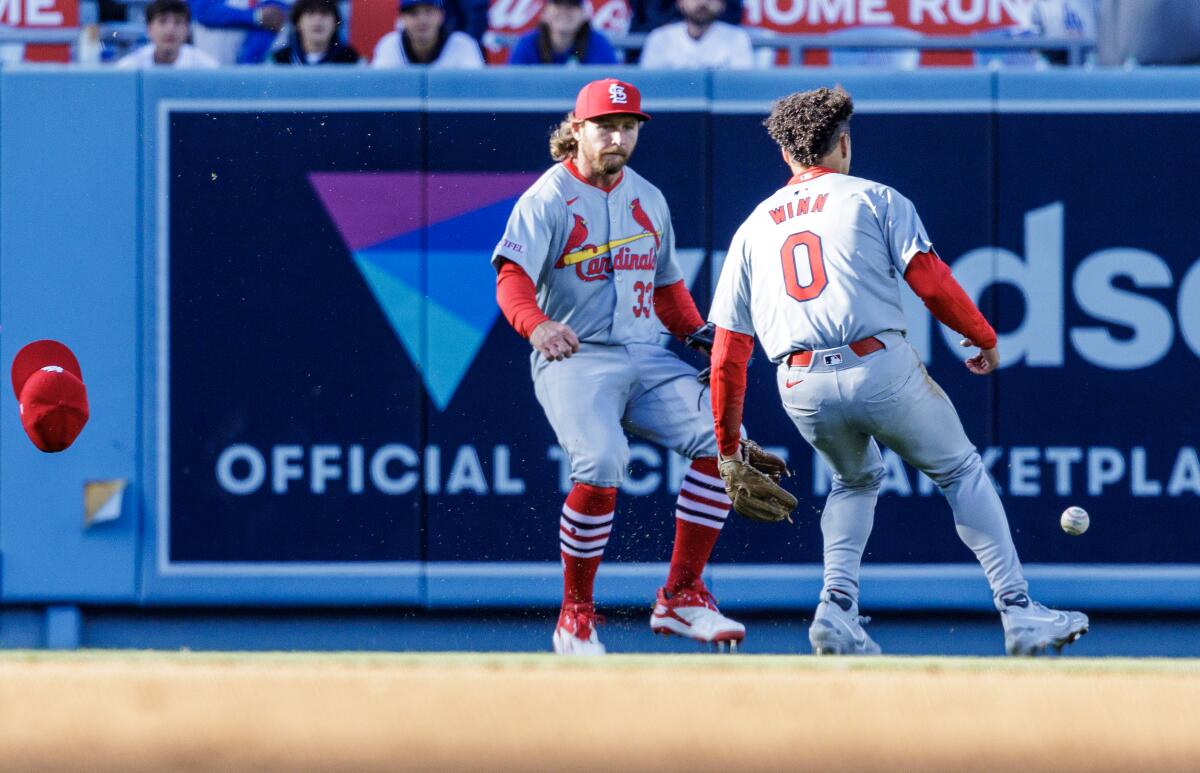 St. Louis Cardinals left fielder Brendan Donovan, left, and shortstop Masyn Winn can't catch a blooper hit.