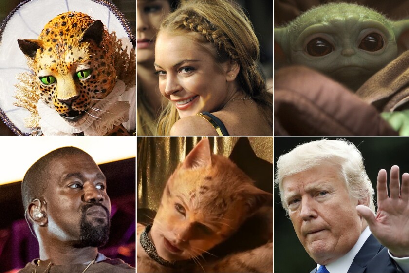 Clockwise, top left: " Masked Singer," Lindsay Lohan, Baby Yoda, Trump, Taylor Swift, Kanye West