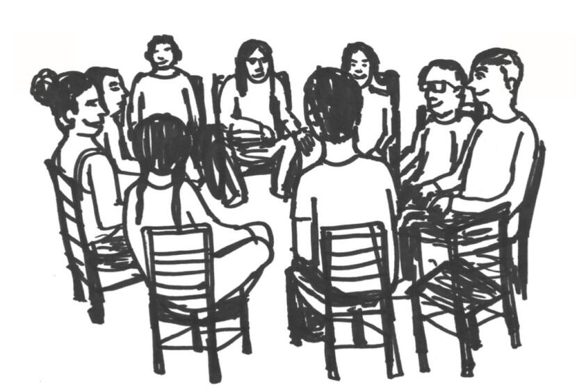 Black and white sketch of a group of people sitting in chairs in a circle