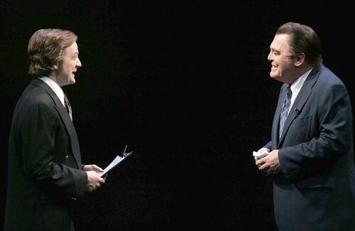 "Frost/Nixon" at the Ahmanson Theatre To hear critics who saw it on Broadway tell it, nothing compares to watching the sparks fly as two actors re-create the flashing moment in history. Stacy Keach stars as the embattled former president and Alan Cox (" John Adams") the British talk show host with the playboy reputation. (Now playing)