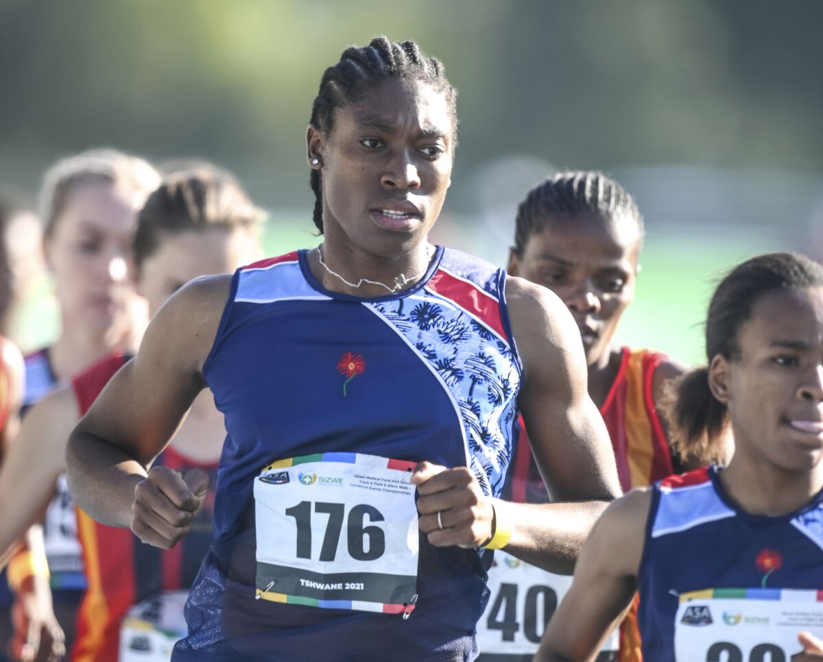 FILE — In this Thursday, April 15, 2021 file photo South African long distance athlete Caster Semenya on her way to winning the 5,000 meters at the South African national championships in Pretoria, South Africa, Olympic champion Semenya was sentenced to 50 hours of community service for speeding while driving in South Africa, prosecutors said Wednesday May 12, 2021. (AP Photo/Christiaan Kotze/File)