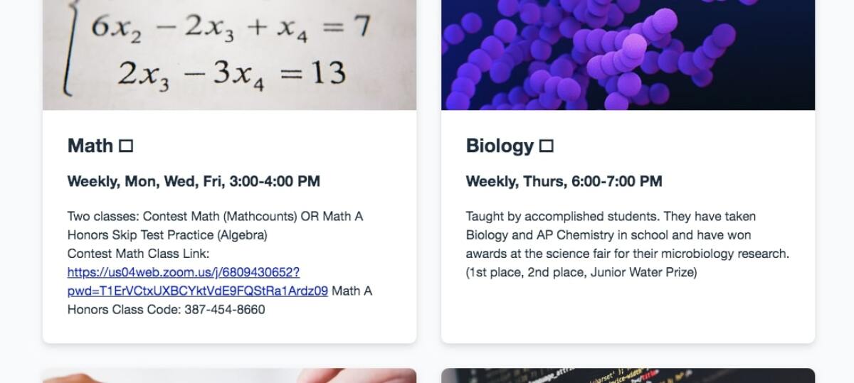 Tutoring sessions, which take place in the afternoon and evening throughout the week, are listed online.