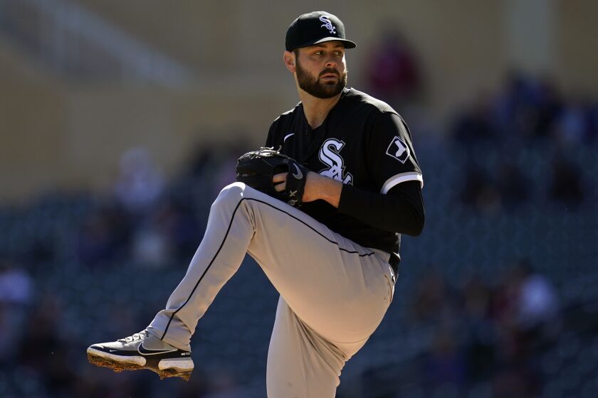 Chicago White Sox starting pitcher Lucas Giolito delivers during the second inning of a baseball game against the Minnesota Twins, Thursday, Sept. 29, 2022, in Minneapolis. (AP Photo/Abbie Parr)