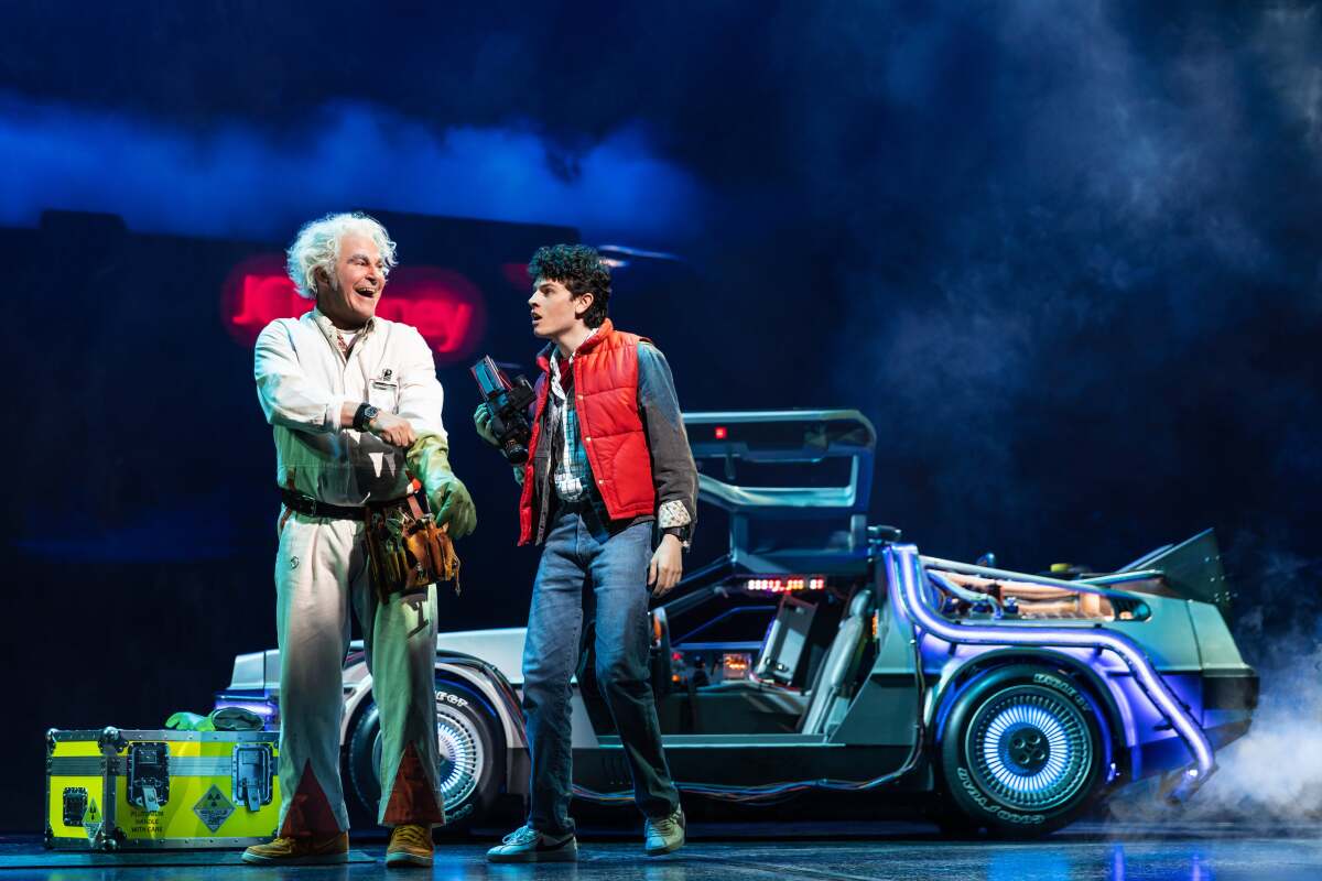 Roger Bart and Casey Likes in the Broadway production of "Back to the Future: The Musical."