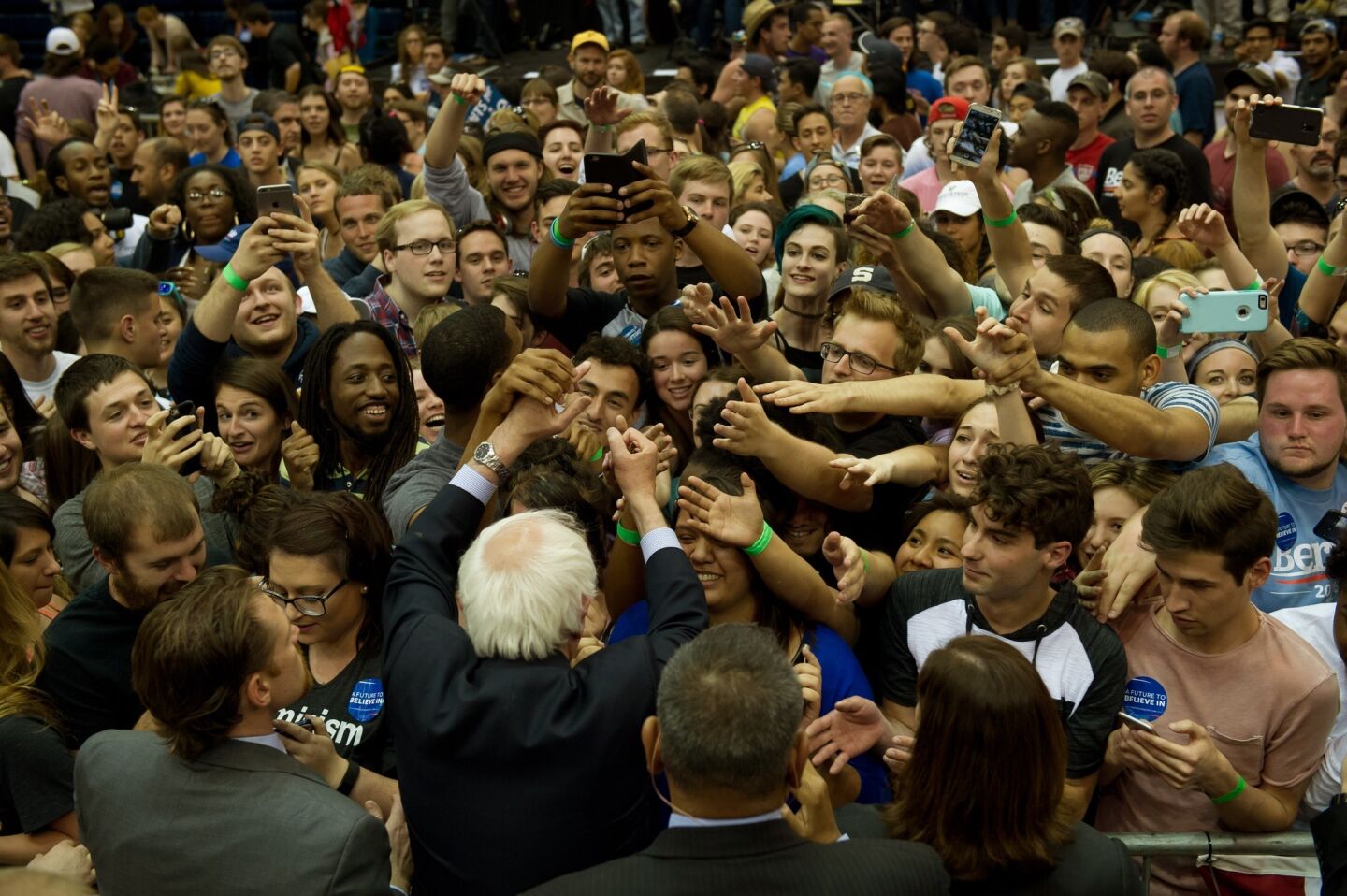 Bernie Sanders is mobbed at Penn State University.