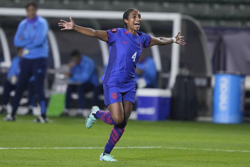 U.S. defender Naomi Girma reacts after a goal by forward Jaedyn Shaw against Argentina.