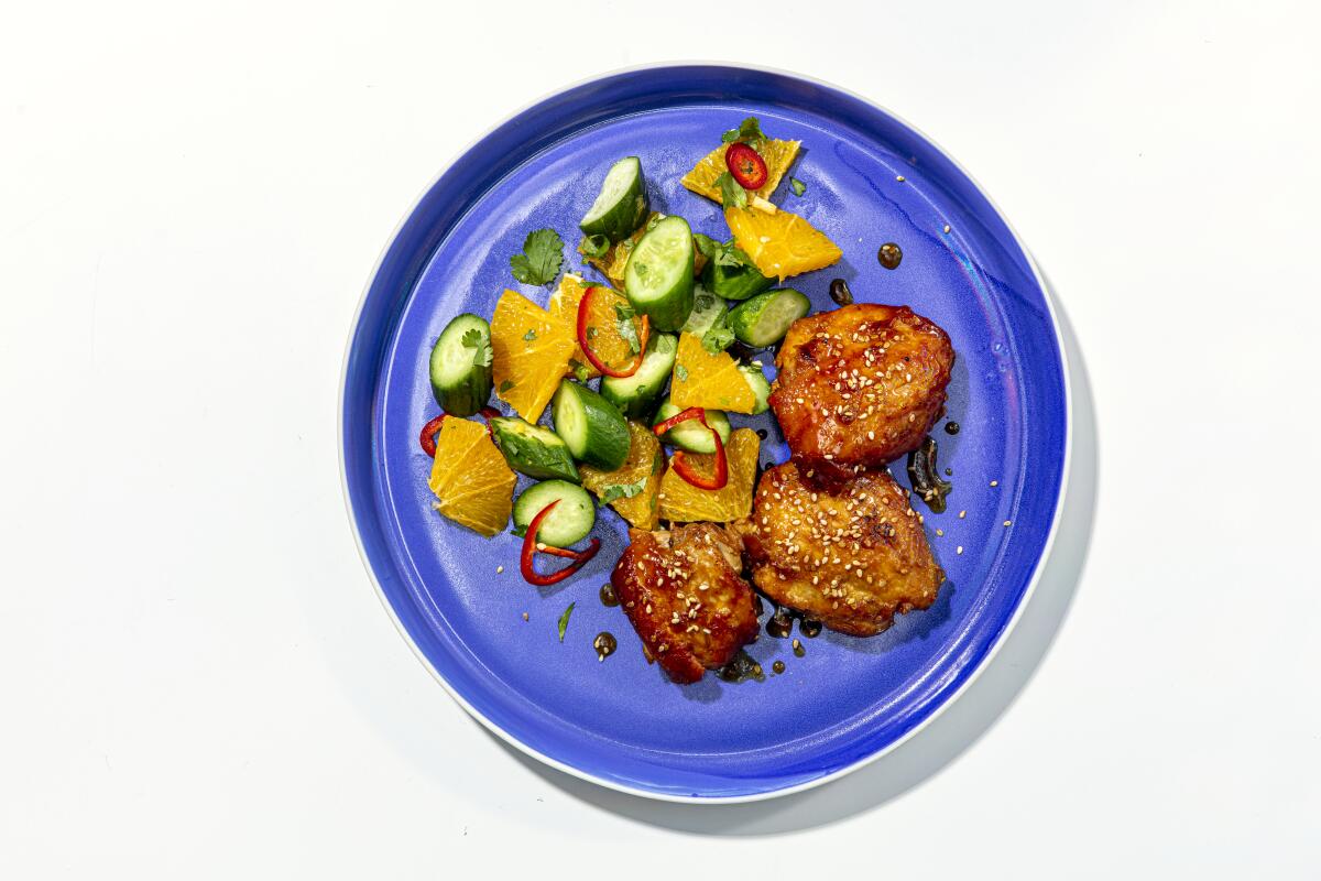 Overhead photo of chicken and veggies on a plate