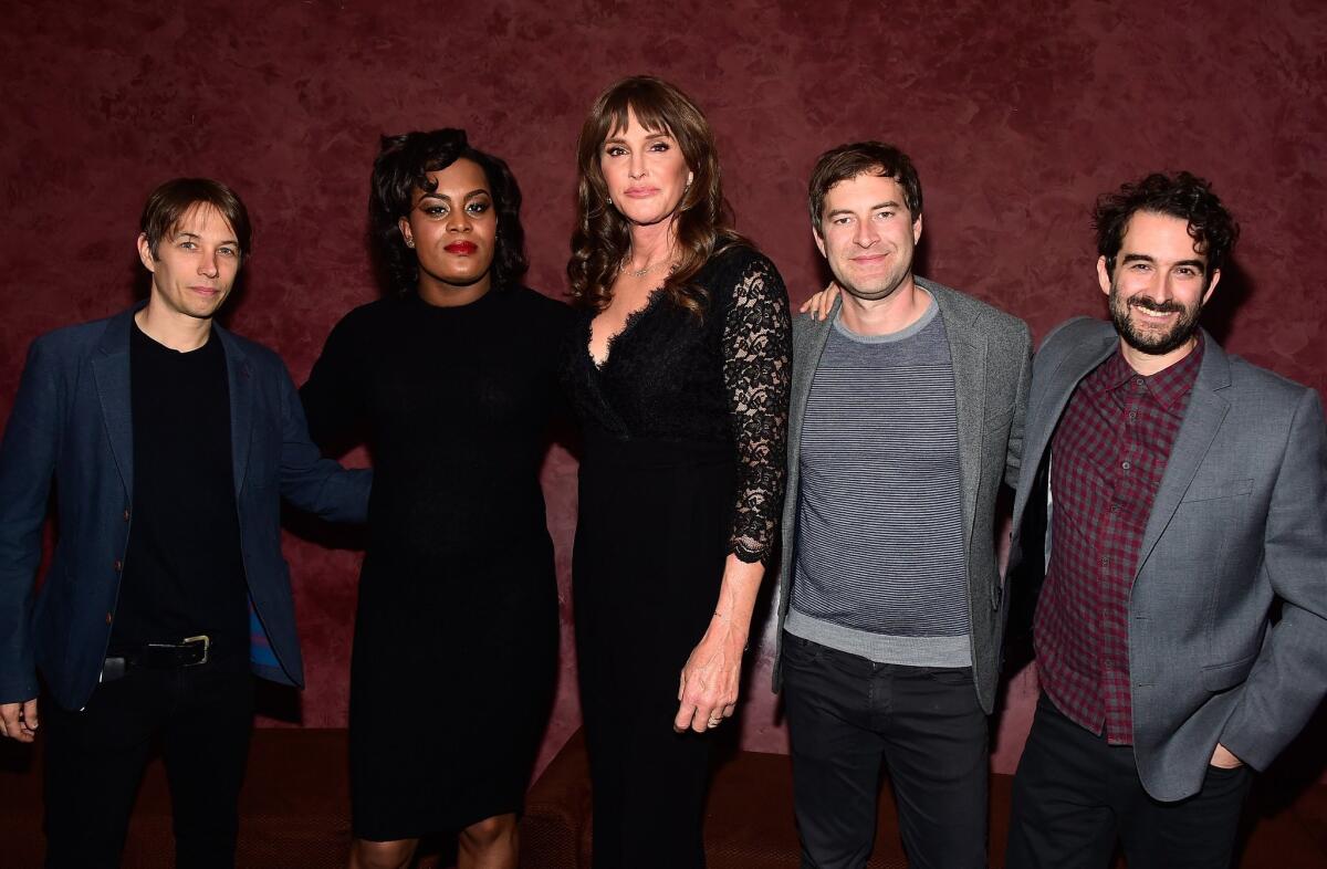 From left, director Sean Baker, actress Mya Taylor, Caitlyn Jenner and producers Mark and Jay Duplass attend a special screening of 'Tangerine' Jan. 4.