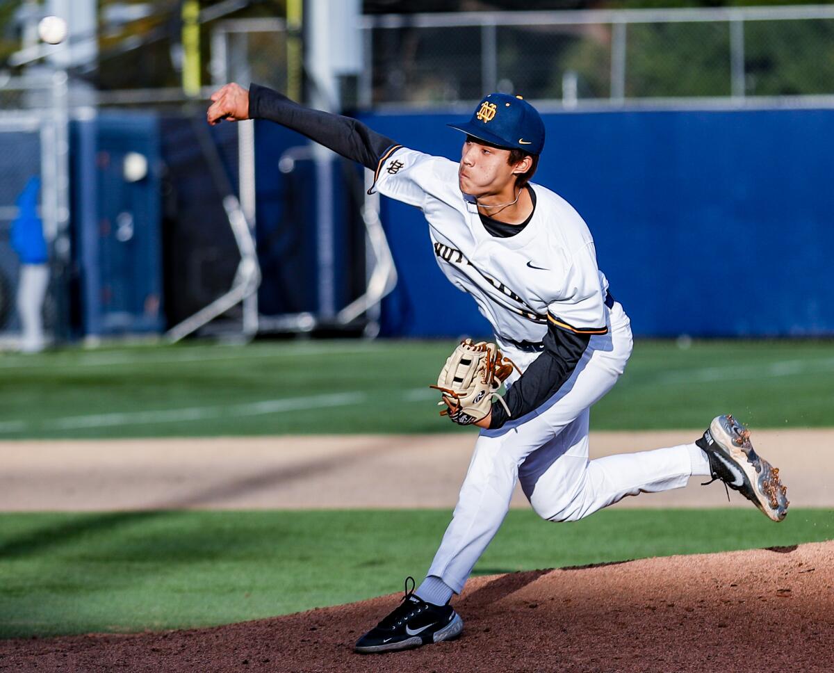 Justin Lee of Sherman Oaks Notre Dame High unleashes a pitch.