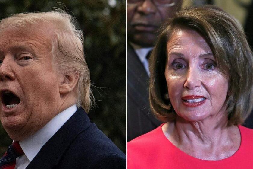 (COMBO) This combination of file pictures created on January 20, 2019 shows US President Donald Trump as he arrives at the White House in Washington, DC, on January 19, 2019,and Speaker of the House Nancy Pelosi (D-NY) outside the House Chamber on Capitol Hill in Washington, DC on January 3, 2019. - US President Donald Trump bitterly attacked top Democrat Nancy Pelosi on January 20, 2019 after she rejected a deal on immigration and the Mexico border wall that would end a 30-day-old government shutdown. Pelosi, speaker of the House of Representatives, on January 19, 2019 called Trump's offer of temporary protections for about a million immigrants in return for $5.7 billion to fund the wall a "non-starter.""Nancy Pelosi has behaved so irrationally & has gone so far to the left that she has now officially become a Radical Democrat," Trump tweeted. "She is so petrified of the 'lefties' in her party that she has lost control." (Photos by Jim WATSON and Alex Edelman / AFP)JIM WATSON,ALEX EDELMAN/AFP/Getty Images ** OUTS - ELSENT, FPG, CM - OUTS * NM, PH, VA if sourced by CT, LA or MoD **